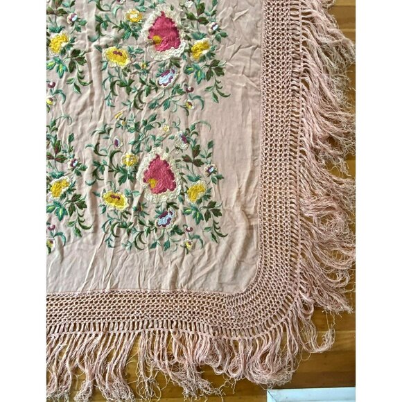 Antique Vintage Piano Shawl Embroidered Pink Silk Art Nouveau LARGE 68”x68” - Picture 11 of 13